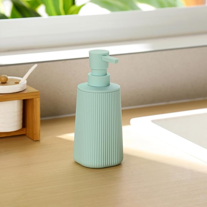 Small Soap Dispenser for Bathroom and Kitchen, Modern Farmhouse Striped Style Plastic Hand Soap Dish Soap Dispenser with Pump Matte Light Green