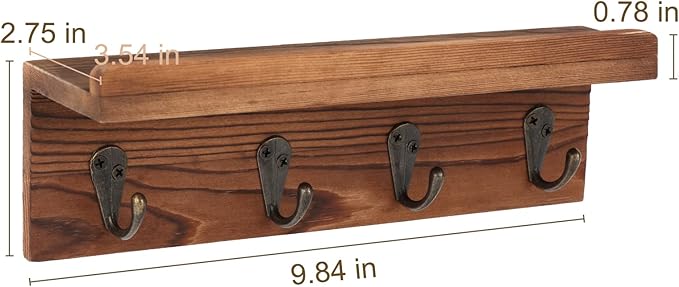 Rustic Key Holder for Wall, Farmhouse Wall Shelf with 4 Hooks, Wall Mounted Key Racks, Wooden Mail Organizer with Hooks for Entryway (Brown - Pine)