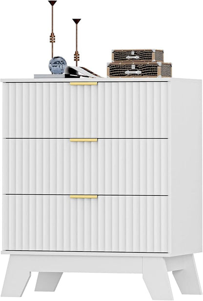 Fluted 3 Drawer Dresser for Bedroom, Mid Century Modern Beside Table with Metal Handle, Wooden Nightstand with 6 Drawers End Table for Living Room, Closet, Entryway, White