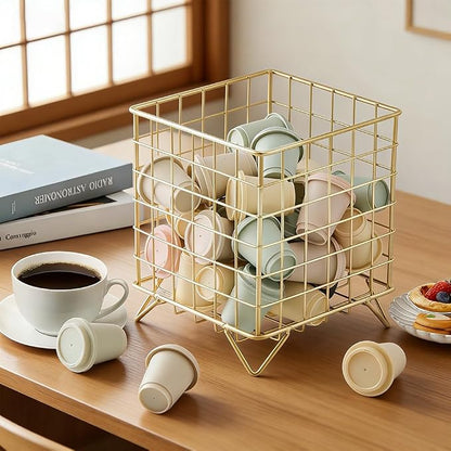 Countertop Organizer Coffee Pod Holder with Ice Tea Spoon, Modern Metal Storage Basket Tabletop Decorative Kitchen Office Bar Accessories for Hold K-cups Coffee Capsules Tea Bags(COLOR:Gold)