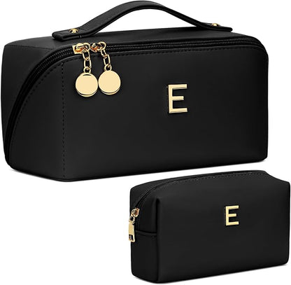 Valentines Day Gifts for Women Teen Girl, Personalized Initial Makeup Organizer Bag Set, Open Flat Travel Cosmetic Bag With Clear Divider and Handle(Black,E)