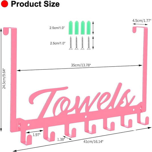 Azmoncy Over The Door Hooks, Towel Rack for Bathroom Towel Holder for Hanging Heavy Duty, Over Door Hanger with 7 Coat Hooks for Bedroom Bathroom Pool Kitchen, Bags(Pink)