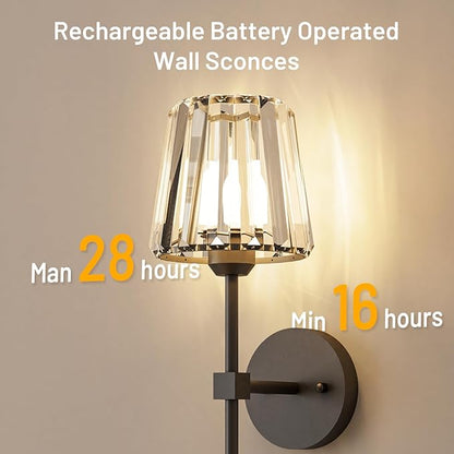 Crystal Battery Operated Wall Sconces Set of 2, Black Rechargeable Wireless Wall Sconce Lights with Crystal Lampshade, 12 RGB and 3CCT Dimmable Wall Lamps with Remote for Bedroom Living Room Hallway