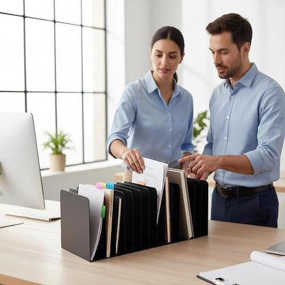 Suzile Metal Desktop File Organizer, 15 Compartments, Vertical File Sorter, Black, 5.79" W x 15.75" L x 5.41" H, Office, Reception Areas, Workspace