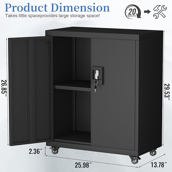 Metal Storage Cabinet,Lockable Garage Storage Cabinets with Wheels,Rolling Tool Cabinet with Doors and Shelves,Basement,Office,Black