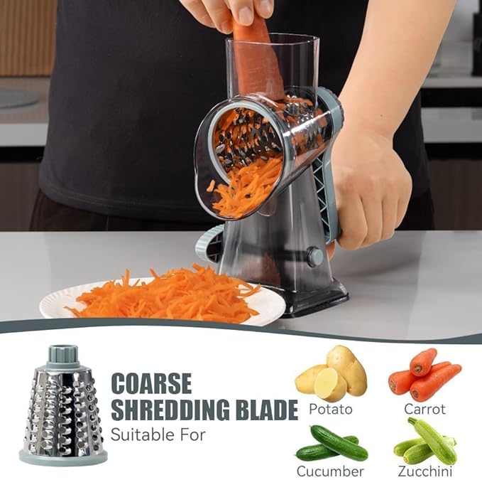 KEOUKE Rotary Cheese Grater Pro 6 in 1 - Shredder Crinkle Slicer Grinder Ice Shaver, Stable Suction, Time-saving Easy Use & Clean, Safe Morden Kitchen Tool for Cheese, Vegetable, Nuts, Chocolate