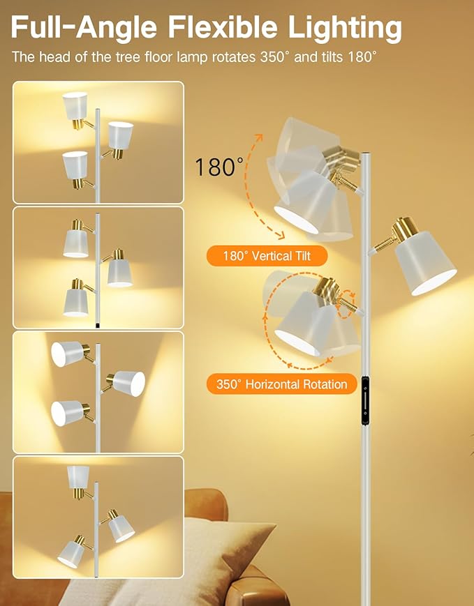 OUTON LED Tree Floor Lamp, Modern Dimmable Standing Lamp with Remote & Touch Control, 4 Color Temperatures, 3 Rotatable Lights Floor Lamps for Living Room, Bedroom, Office, Grey & Gold
