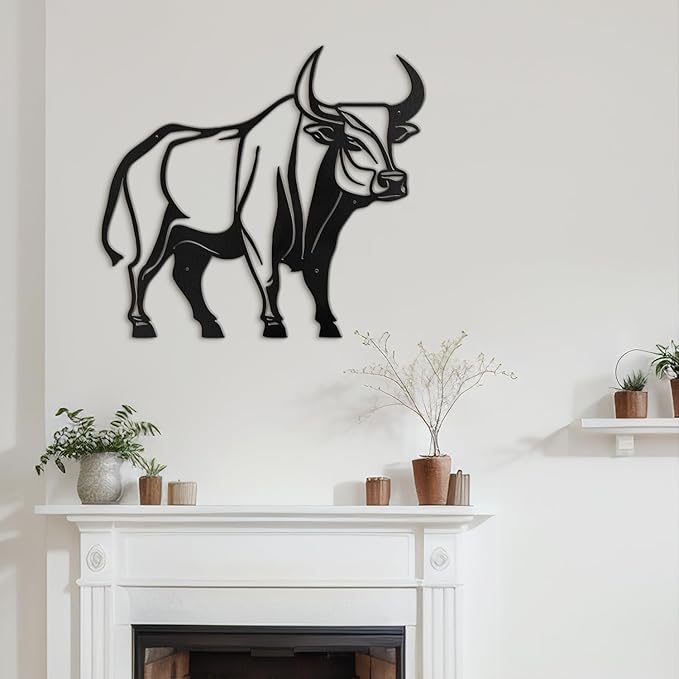 SIGNLEADER Metal Wall Art Decor Ferocious Cow Minimalist Modern Abstract Wall Sculpture Hangings Home Decoration for Living Room, Bedroom, Bathroom, Kitchen, Outdoor - 18" Black