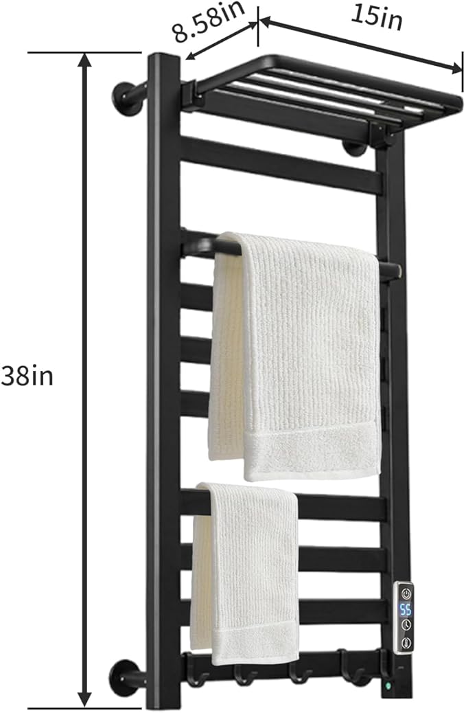 Heated Towel Rack for Bathroom Towel Warmer Racks Wall Mounted with Shelf,Timer & Temperature Multi-Level Adjustments with 10 Bars for Bathroom Shower Hot Tub(Black)