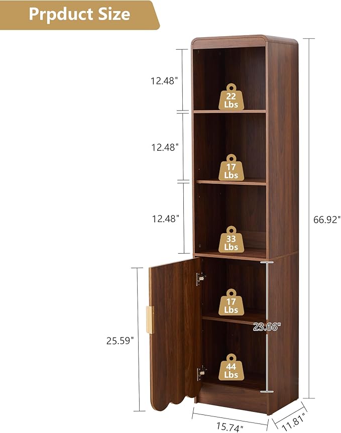 ORRD Narrow Tall Bathroom Storage Cabinet, Freestanding Storage Cabinet with Open Storage Compartments and Adjustable Shelf for Small Space, Bathroom, Living Room, Kitchen, (Walnut)