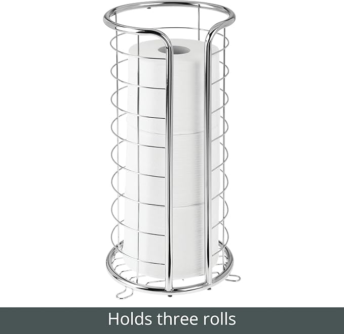 mDesign Metal Free Standing Toilet Paper Organizer Stand - 3 Rolls of Jumbo Toilet Tissue Storage - Bathroom Decor Accessory for Under Sink, Vanity, and Inside Cabinet Shelf - Omni Collection, Chrome