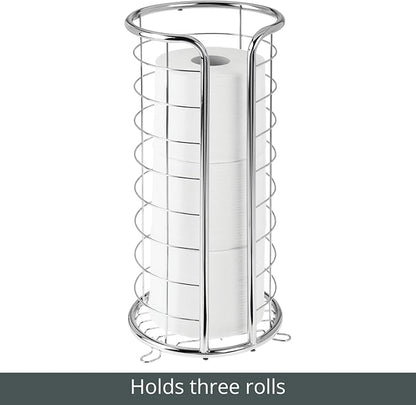 mDesign Metal Free Standing Toilet Paper Organizer Stand - 3 Rolls of Jumbo Toilet Tissue Storage - Bathroom Decor Accessory for Under Sink, Vanity, and Inside Cabinet Shelf - Omni Collection, Chrome