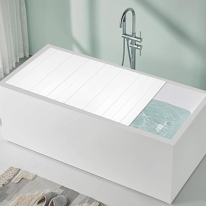 White Wood Grain Foldable Bathtub Cover, PVC Waterproof Dustproof Bath Tub Lid, Heat Preservation Bathroom Tub Tray for Home Hotel Spa (59.06×27.56×0.26in)
