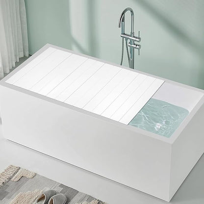 White Wood Grain Foldable Bathtub Cover, PVC Waterproof Dustproof Bath Tub Lid, Heat Preservation Bathroom Tub Tray for Home Hotel Spa (59.06×27.56×0.26in)
