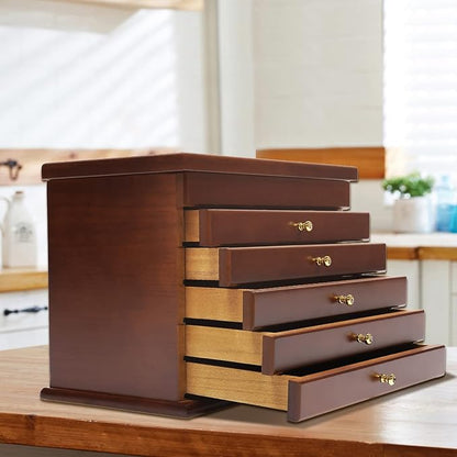 Wood Jewelry Box 6-Tier Large Jewelry Organizer Cabinet with 5 Drawers Women Girls Storage Display Case for Necklace Rings Earrings Accessories, with Mirror and Lock (Without Mirror-brown)
