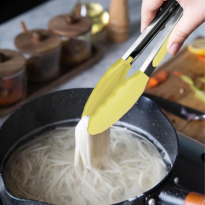 HINMAY Small Appetizer Tongs 7-Inch Silicone Tipped Kitchen Tongs, Set of 3 (Yellow)