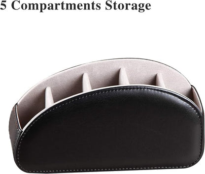 YAPISHI Large Leather TV Remote Control Holder Organizer Black with 5 Compartments Nightstand Desktop Media DVD Player Remote Tray Caddy Storage Box for Mobile Phone Pen Office Stationery Controllers