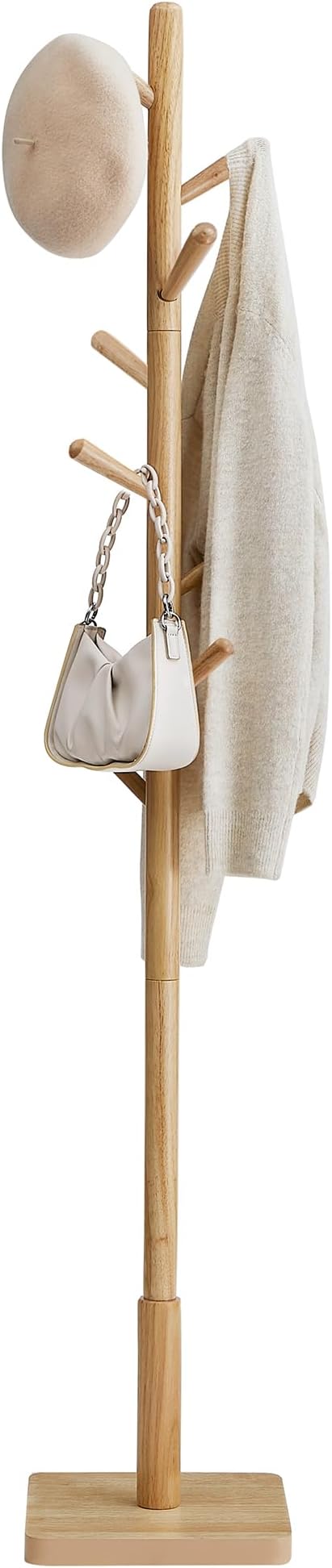 VASAGLE Solid Wood Coat Rack, Free Standing Hall Coat Tree with 8 Hooks, 3 Height Options, for Coats, Hats, Bags, Purses, for Entryway, Hallway, Rubberwood Hooks and Pole, Natural Beige URCR010N01