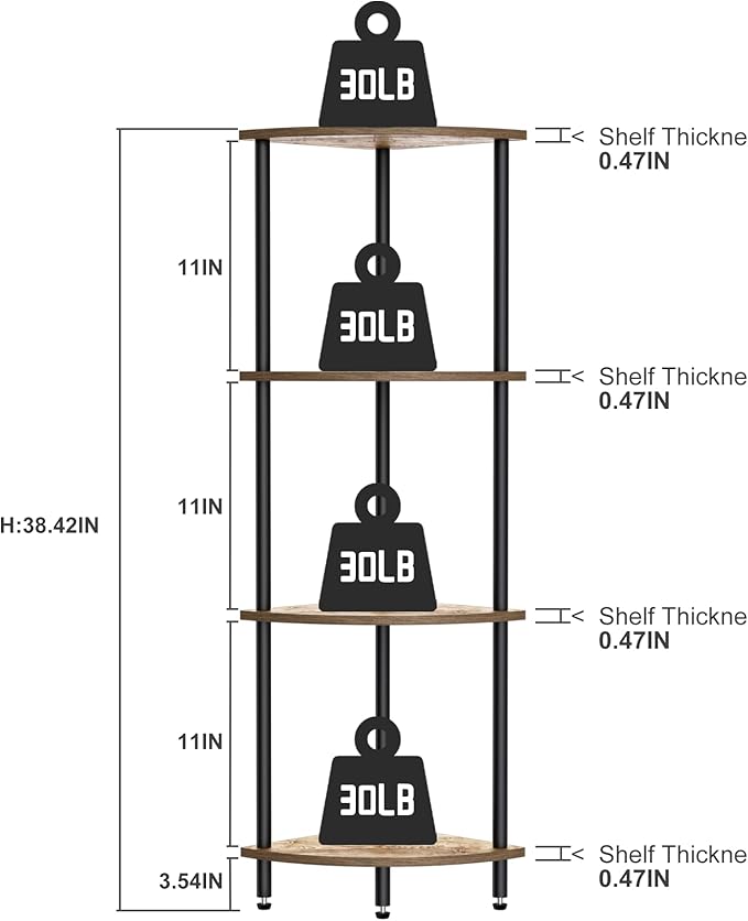 QLSPTFTS 4 Tier Corner Shelf, Bookcase for Small Spaces, Corner Display Shelf, Plant Stand, Rustic Brown and Black,Suitable for Bedroom,Living Room,Kitchen