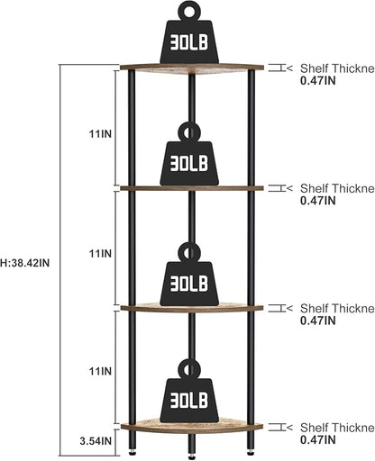 QLSPTFTS 4 Tier Corner Shelf, Bookcase for Small Spaces, Corner Display Shelf, Plant Stand, Rustic Brown and Black,Suitable for Bedroom,Living Room,Kitchen