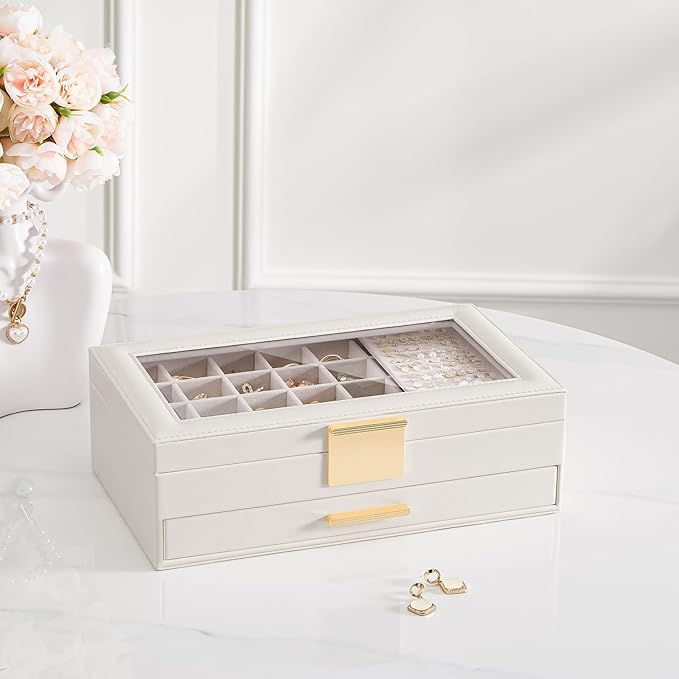 Lolalet Earring Storage Box Case with Glass Top, Large Earring Jewelry Holder Organizer Display with Drawer and Grid, Gift for Girls Women -2 Tiers, Cloud White