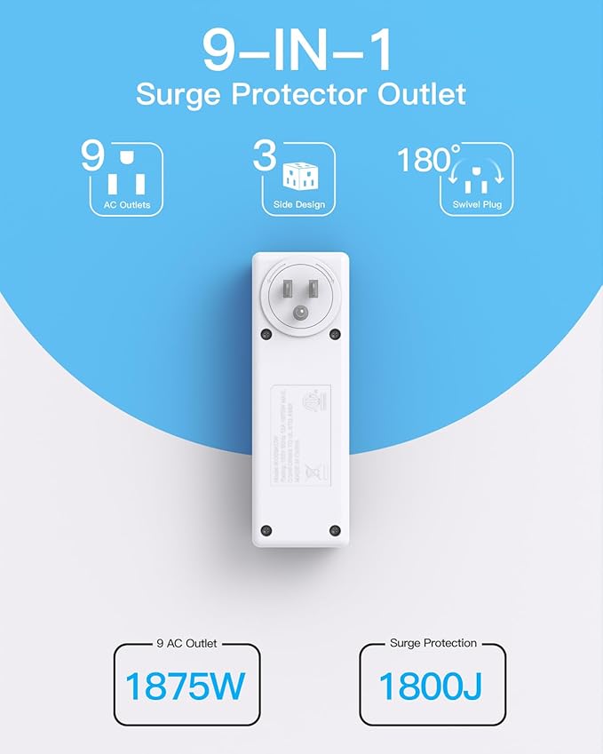 2 Pack Surge Protector Outlet Extender with Rotating Plug, 9 AC Multi Plug Wall Outlet Expander, 1800J Wall Charger, 3-Sided Power Strip Electrical Plug Adapter Outlet Splitter for Home Office Dorm