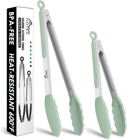 Hotec Premium Stainless Steel Locking Kitchen Tongs with Silicon Tips, Set of 2-9" and 12" Light Green