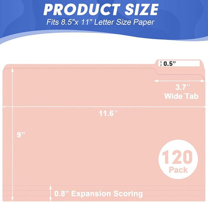 File Folder, HERKKA 120 Pack 1/3 Cut Tab File Folders, File Folders Great for Organizing and Filing, Letter Size, Pink