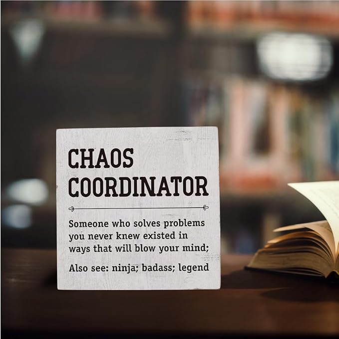 HTBIG Chaos Coordinator Thank You Gifts Office Decor Funny Motivational Desk Decor Gifts for Coworkers Boss Manager Appreciation Rustic Wooden Box Sign for Table Top Office Bookshelf White