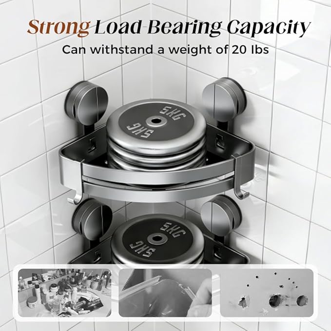 Bathroom Triangle Shelf, 2026 Upgraded Bathroom Storage Rack Corner Shower Shelves No Drilling Suction Cup Shower Organizer with Towel Bar and Hooks Removable (2, Rectangular)