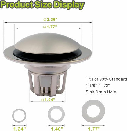 2 Pack Pop Up Sink Drain Stopper,Brushed Nickel Bathroom Sink Stopper with Hair Catcher and Anti-Clog Strainer,Glimflorus Universal 2-in-1 Drain Stopper for 1 1/8"-1 1/2" Drain Holes