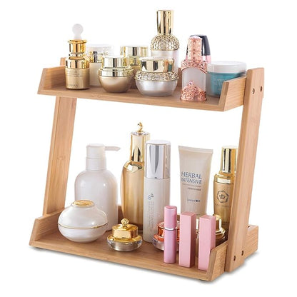 GOBAM Bamboo Makeup & Countertop Organizer, Large - 2 Layer Cosmetics, Lipsticks, Jewelry, Brushes, Hair Accessories & Perfume Organizer for Dresser, Easy Assembly - Natural