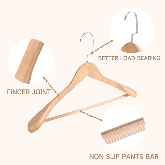 2-Pack Premium Wide Shoulder Wooden Suit Hangers, 17.5" Heavy-Duty Solid Wood Coat Hangers with Pant Bar for Men's Heavy Garments, Blazers, Jackets (Natural Wood)