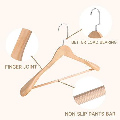 2-Pack Premium Wide Shoulder Wooden Suit Hangers, 17.5" Heavy-Duty Solid Wood Coat Hangers with Pant Bar for Men's Heavy Garments, Blazers, Jackets (Natural Wood)