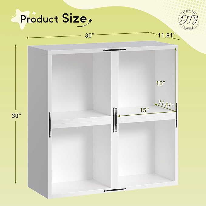 4 Cube Bookshelf Organizer, DIY Wooden Open Book Shelf with Anti-Tip Design, Cube Book Shelf for Bedroom, Office, Dorm, White