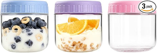 Overnight Oats Containers with Lids, 10oz Wide Mouth Mason Jars with Lids, 3 Pack Glass Jars with Airtight lid for Chia Pudding Yogurt Salad, Meal Prer Oatmeal Jars