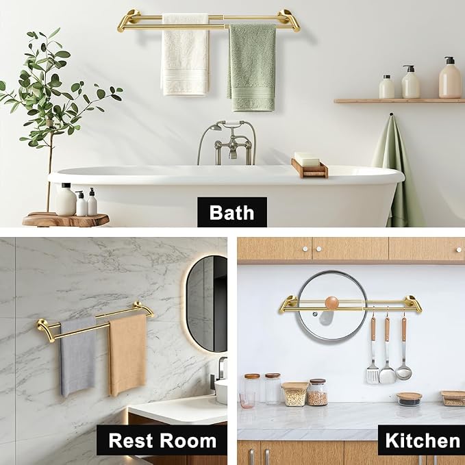 MGahyi Adjustable Double Towel Bar 14.5-24.8Inch, Matte Telescopic Stainless Steel Wall Mount Towel Holder, Rustproof Towel Rack for Bathroom Kitchen RV Laundry Hotel (Gold, Double-Bar)
