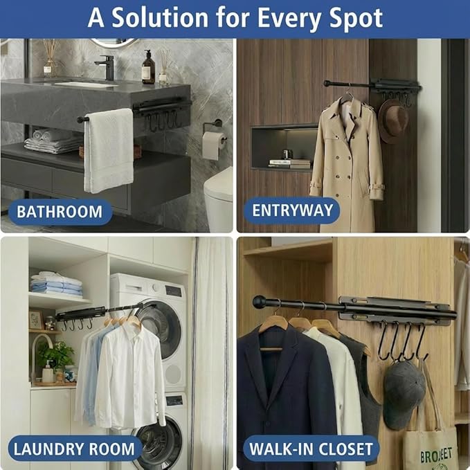 12 Inch Valet Rod for Closet Pull Out, Heavy Duty Carbon Steel Retractable Closet Rod with 4 Hooks, Slide Out Butler Hanger for Laundry Room, Bedroom, Black