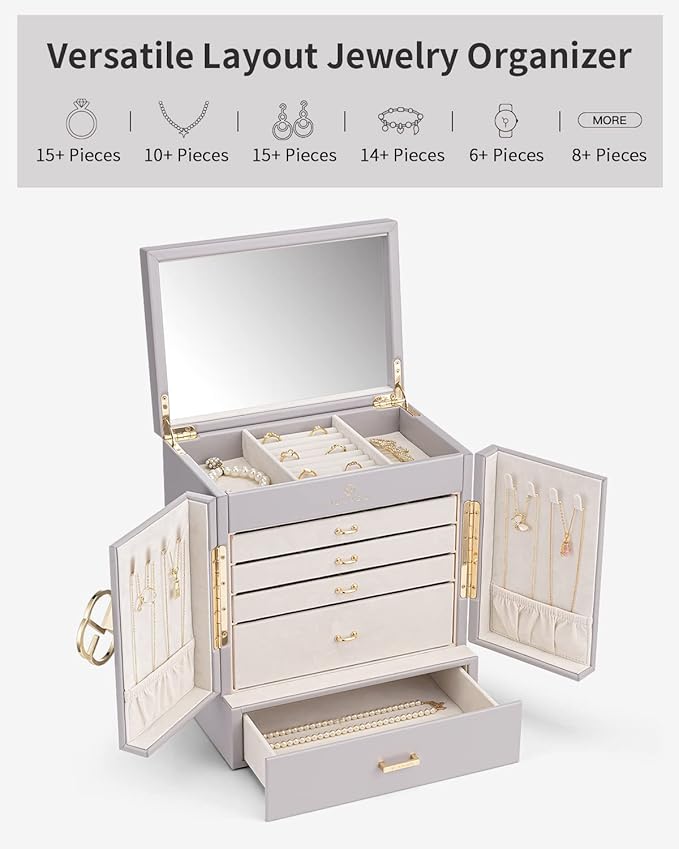 Vlando Large Jewelry Organizer Box, 5-Layer Jewelry Storage Box with Mirror & 4 Drawers for Earrings, Necklaces, Rings and Watch Organizer for Women Girls Mothers Day Gifts for Mom - Grey