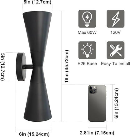 Modern Black Wall Sconces Set of 2, Up and Down Indoor Wall Sconces, Mid Century Indoor Wall Light Fixture, Hardwired Wall Mounted Lamp for Living Room, Bathroom, Bedroom, Hallway, 18 Inch