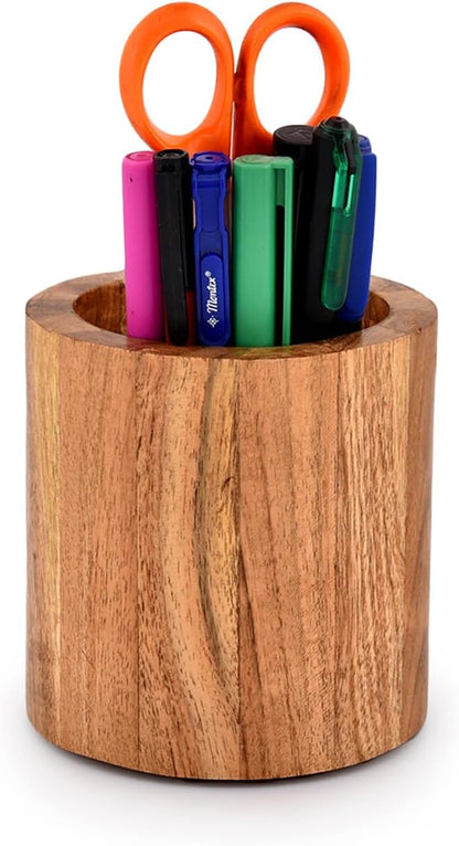 NIRMAN Acacia Wood Pencil/Pen Holder for desk, Round Desktop Organizer for Desk Multi Purpose Use for Home School Office Supplies (4" x 4" x 4")