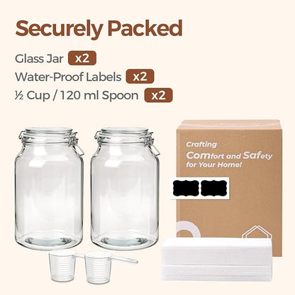 ComSaf 2 Pack 1 Gallon Glass Jars with Lids, Glass Flour Sugar Storage Containers for Pantry & Kitchen Organization, Extra Large Mason Jars with airtight lid, Coms with Labels & Massuring Cups.