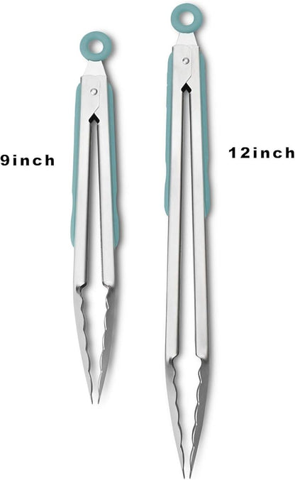 Premium 304 Stainless Steel Tongs Set – 12" Grill Tongs & 9" Cooking Tongs, Heat Resistant up to 600°F, Wavy Grip Head, Non‑Slip Handle with Locking Clip & Hanging Loop, Dishwasher Safe, Aqua Sky