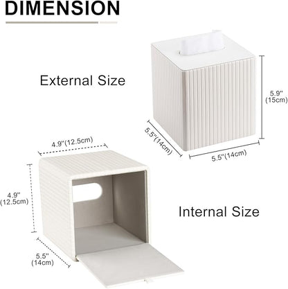 KINGFOM Square Pu Leather Tissue Box Cover, Modern Facial Tissue Holder, Roll Tissues Paper Case Dispenser for Bathroom Vanity Countertop, Night Stands, Office Desk (Off-White Strips)