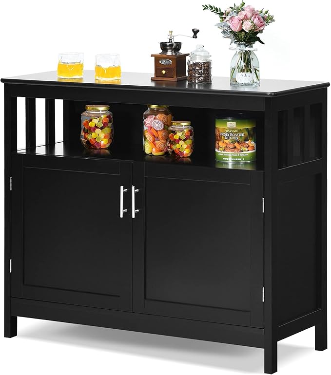 Giantex Kitchen Buffet Sideboard, Wooden Storage Server Cupboard Cabinet, Dining Room Living Room Bar Furniture 2-Door Console Table w/ 5-Position Adjustable Shelf & Open Shelf Drawer Cabinets (Black)