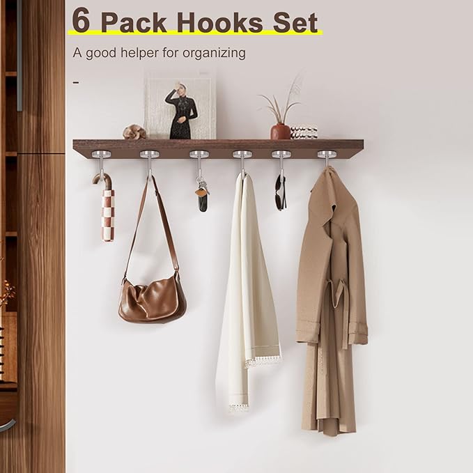 NearMoon Coat Hooks, Wall Mount Hooks for Hanging Hat Hurse Robe, 304 Stainless Steel Heavy Duty Towel Hangers for Bathroom Livingroom Kitchen-Ceiling Hook, 6 Pack (2 Inch, Brushed Nickel)