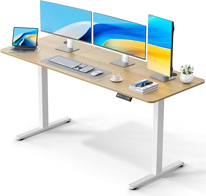 63" Electric Standing Desk Adjustable Height, Ergonomic Sit Stand Computer Desk for Home Office, Sturdy Motorized Workstation with Memory Controller & Timer, Oak