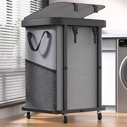 150L (40 Gal) Large Fashion Laundry Basket with Wheels, Leather Patchwork Rolling Hamper Carts, Sturdy Metal Frame, Removable Washable Bag, Tall Clothes Sorter for Bedroom, Laundry Room - Gary