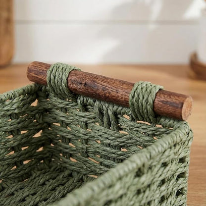 Toilet Paper Basket, Green Wicker Storage Basket with Wooden Handles, Handwoven Paper Rope Toilet Tank Top Organizer, Countertop Basket for Top of Toilet, Wicker Bathroom Baskets for Organizing