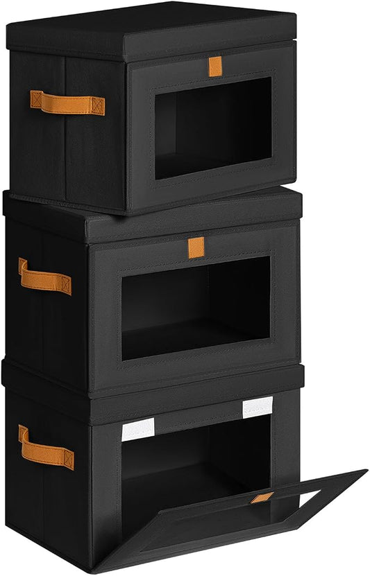 Homsorout Medium Fabric Storage Bins - Closet Shelf Organizer with Open Window, 3 Pack Closet Baskets for Shelves, Stackable Decorative Boxes for Home, Dorm, Black, 13.7" x 9.8” x 9.8"
